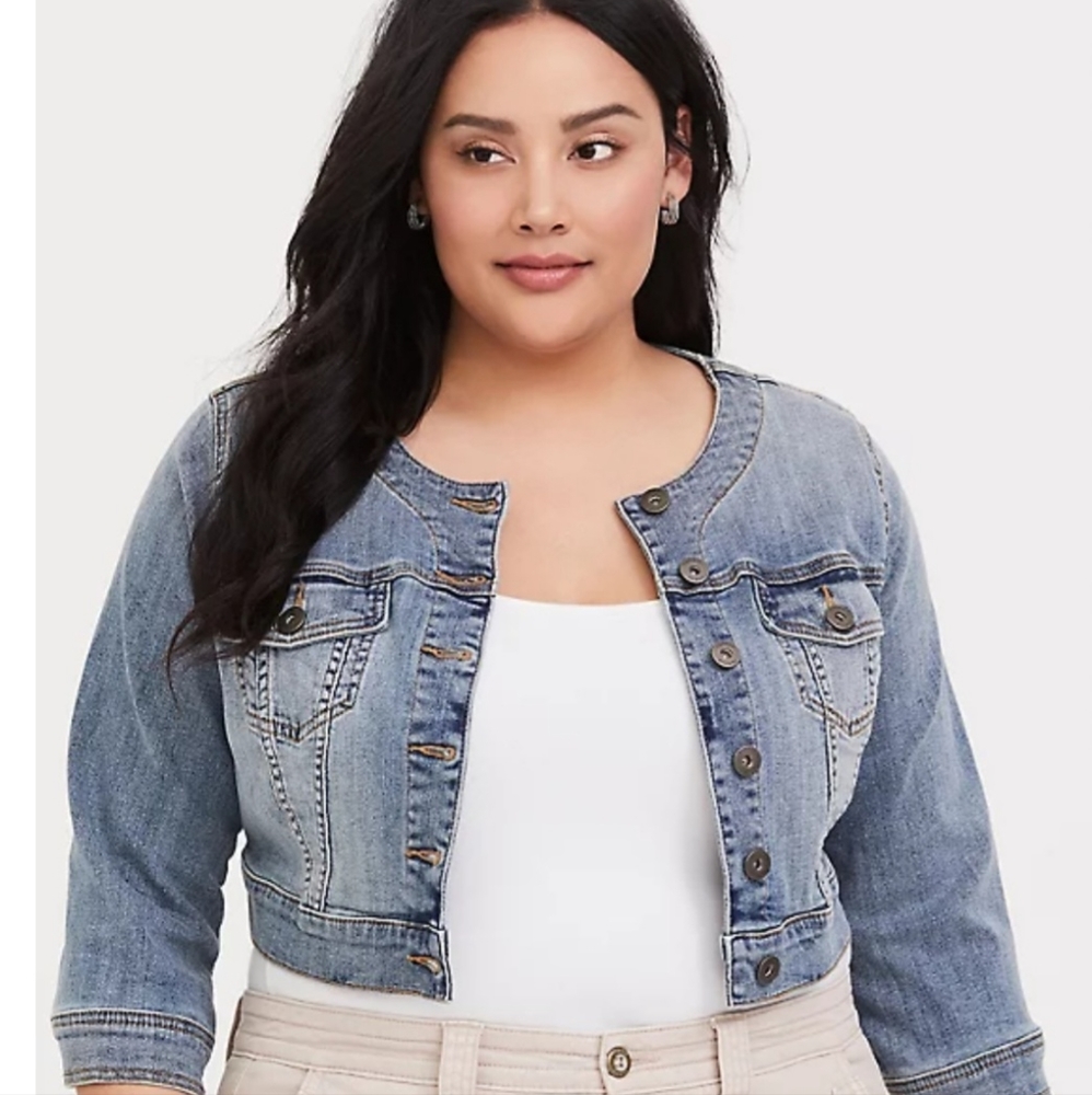 Torrid Size 1/14 Distressed Crop Denim Collarless Jacket